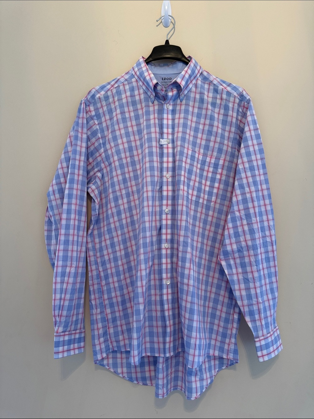 IZOD Men's Light Blue and Pink Plaid Button-Up Shirt‎ 16 - 16 1/2 Size Large